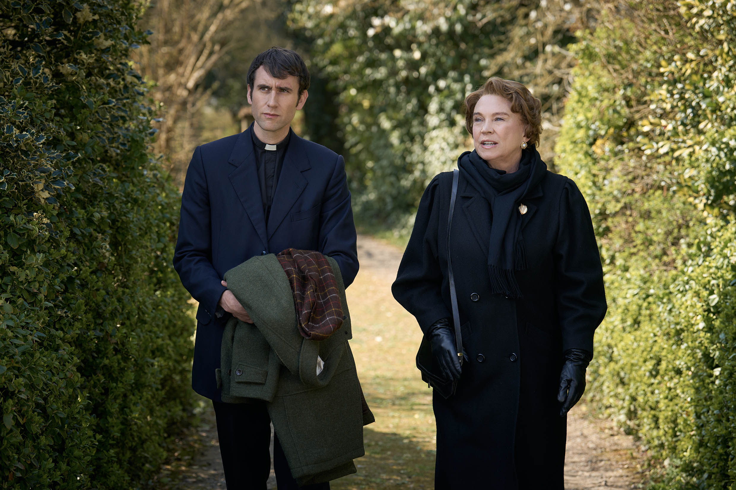 Murder Before Evensong Matthew Lewis is Canon Daniel Clement and Amanda Redman is Audrey Clement-min